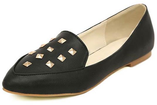 Special Black Studded Pointed Toe Pu Leather Women's Loafers