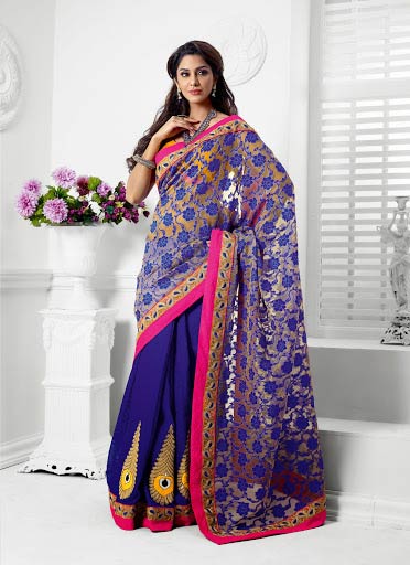 Attractive Orange Royal Blue Yellow Embroidered Saree