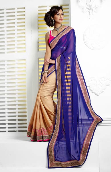 Indian Treasures Royal Blue Embroidered Saree