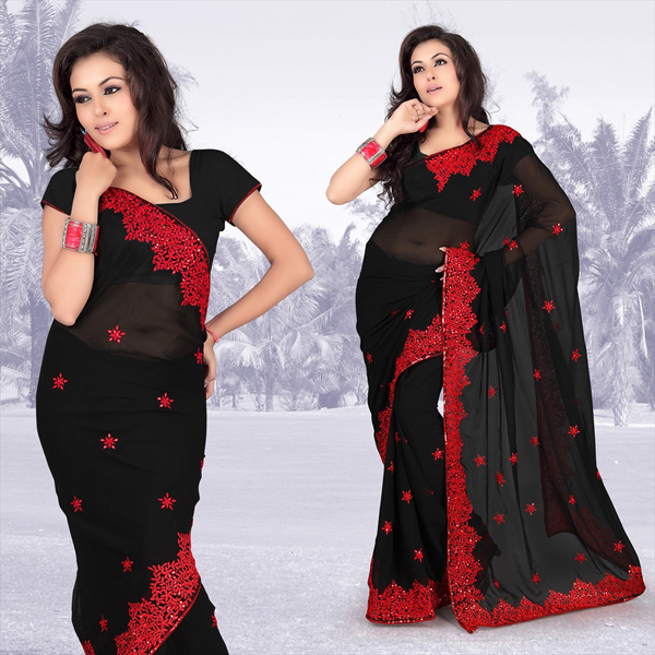 Atrous Black Faux Georgette Saree with Unstitched Blouse