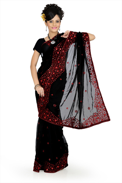 Black Faux Georgette Saree