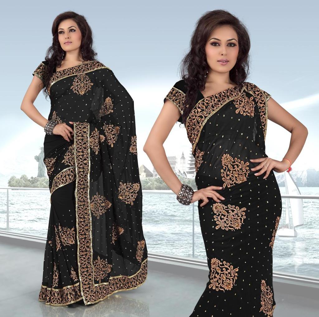 Black Faux Georgette Saree with Unstitched Blouse