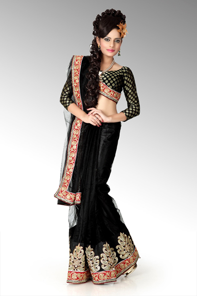 Bollywood Black Net Saree with Unstitched Blouse