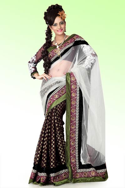 Bollywood Dark Brown Viscose Saree with Unstitched Blouse