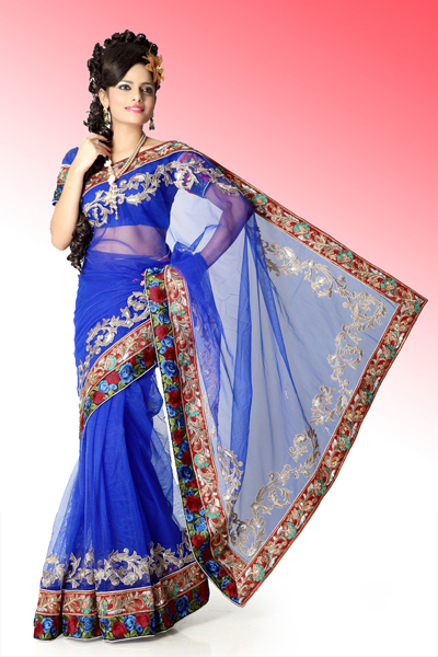 Bollywood Royal Blue Net Saree with Unstitched Blouse