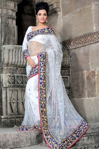 White And Blue Designer Net Saree at Rs 1,750 / Piece in Surat
