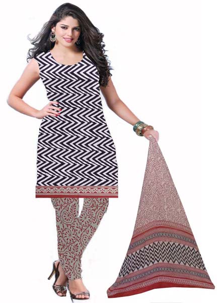 Kcsk002 - Bagru Printed Salwar Kameez with Chiffon Dupatta - Half White Black & Red