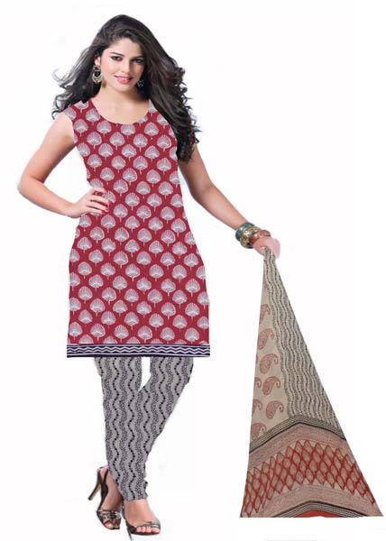 Kcsk089 - Bagru Printed Salwar Kameez / Cotton Churidar Materials with Chiffon Dupatta - Red & Black