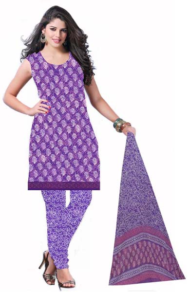 KCSK103 - Discharge Printed Salwar Kameez / Cotton Churidar Materials with Chiffon Dupatta - Purple