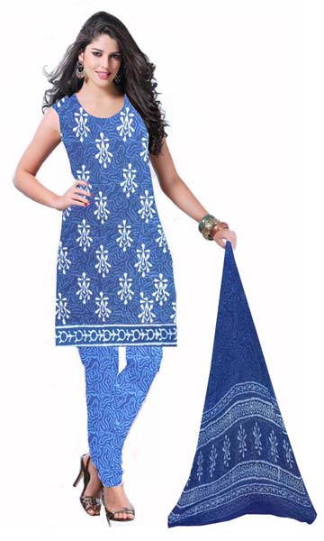 Kcsk106 - Dabu Print Salwar Kameez / Cotton Churidar Materials with Chiffon Dupatta - Blue