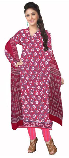 Kcsk109 - Dabu Print Salwar Kameez / Cotton Churidar Materials with Chiffon Dupatta - Red