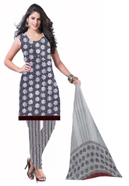 Kcsk111 - Chuna Pathri Print Salwar Kameez  with Chiffon Dupatta - Black & White