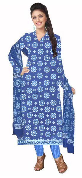 KCSK131 - Dabu Print Salwar Kameez / Cotton Churidar Materials with Chiffon Dupatta - Blue