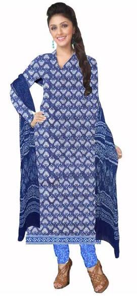 KCSK133 - Dabu Print Salwar Kameez / Cotton Churidar Materials with Chiffon Dupatta - Blue