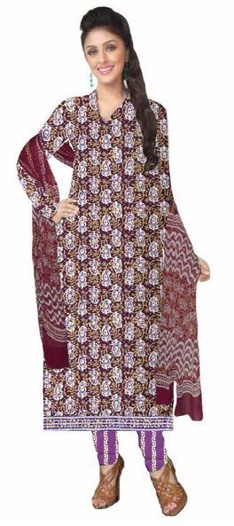 KCSK140 - Napthol Printed Salwar Kameez / Cotton Churidar Materials with Chiffon Dupatta - Maroon