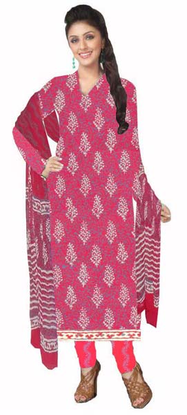 KCSK142 - Napthol Print Salwar Kameez / Cotton Churidar Materials with Chiffon Dupatta - Red