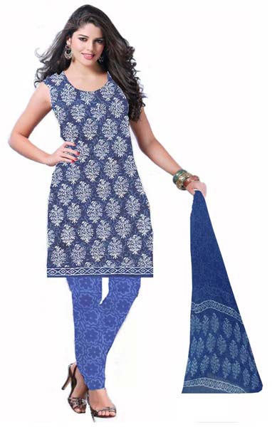 KCSK161 - Dabu Printed Salwar Kameez / Cotton Churidar Materials with Chiffon Dupatta - Blue