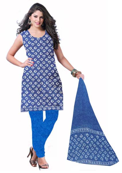 KCSK175 - Dabu Printed Salwar Kameez / Cotton Churidar Materials with Chiffon Dupatta - Blue