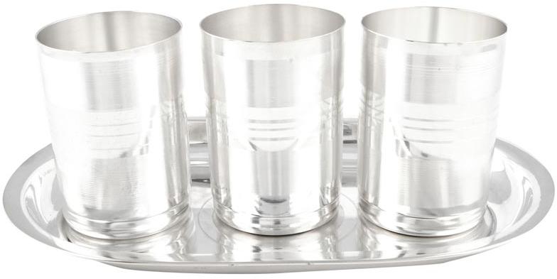 Gsm Silver Plated Amrapali Glass Set with Oval Tray 4 Pcs. ( 17cmx26cmx10cm)