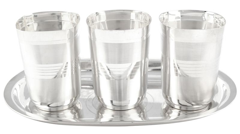 Gsm Silver Plated Square Glow Finish Glass Set with Oval Tray 4 Pcs. ( 17cmx26cmx10cm)