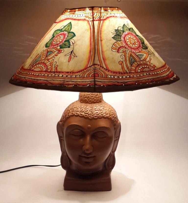 Terracotta Lamp With Hand Painted Leather Shade