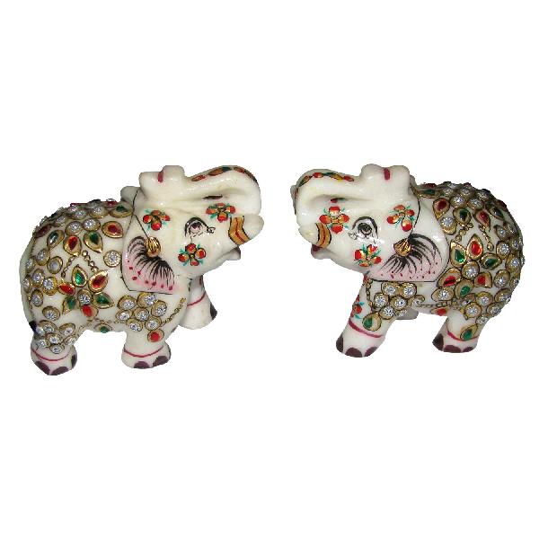 Marble Airavata Erawan White Elephant Trunk Up Decorative Idols (Pair 2 Pieces) - A4489