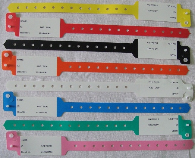 Patient Id Bands, Color : Red, Blue, Green, Orange, Yellow, Pink, Black, White.
