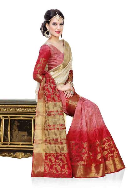 Beige and Red Colour Art Silk Woven Saree