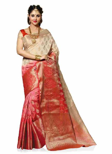 Beige and Red Colour Traditional Woven Art Silk Saree