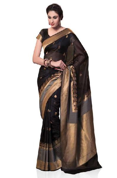 Black and Grey Kanchipuram Spun Silk Woven Saree