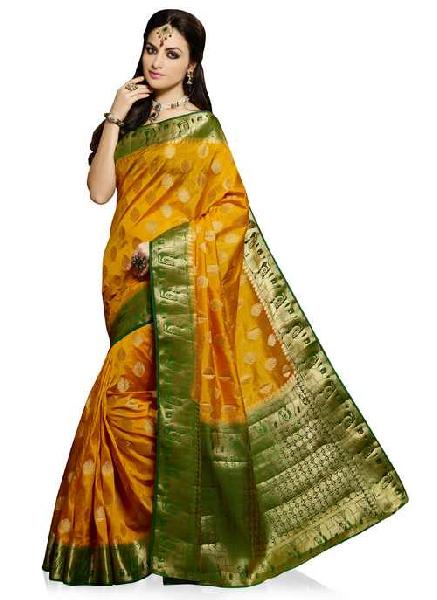 Mustard and Bottle Green Colour Art Silk Woven Saree