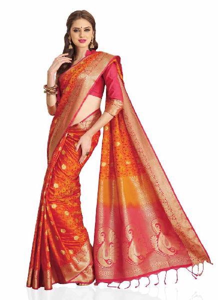 Meghdoot Orange and Pink Art Silk Woven Saree