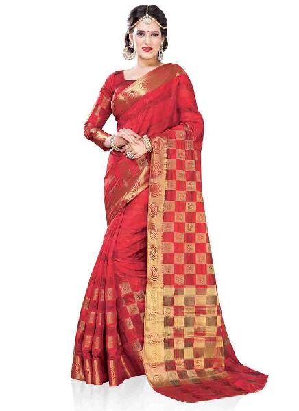 Red Colour Woven Art Silk Saree, Age Group : Adult
