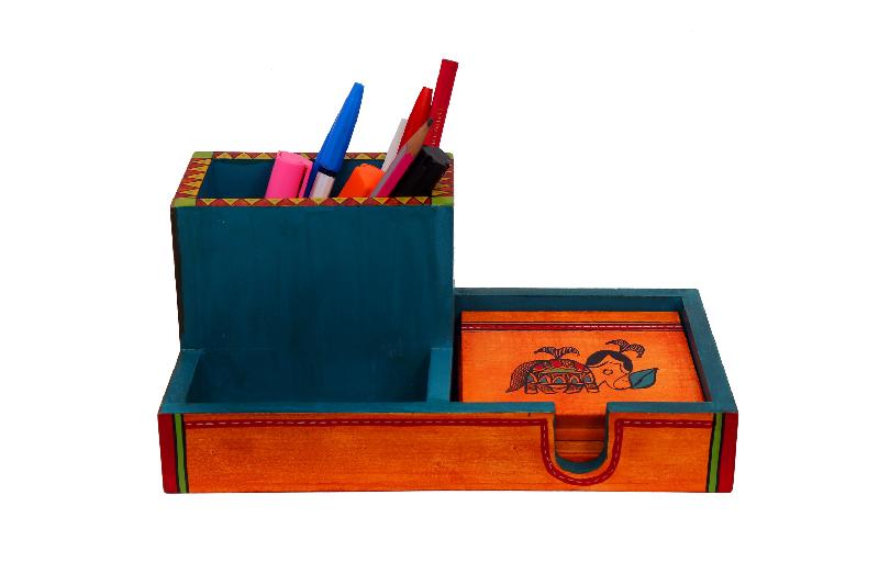 Ethnic Wooden Multicoloured Pen Stand With Coaster Set