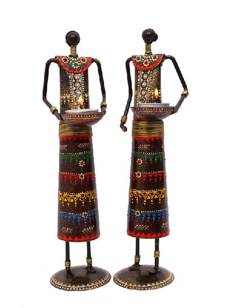 Pair of 12 Inches Tall Masai Figurines Tea Light Holders