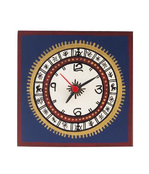 Square Warli Painted Blue Table Clock