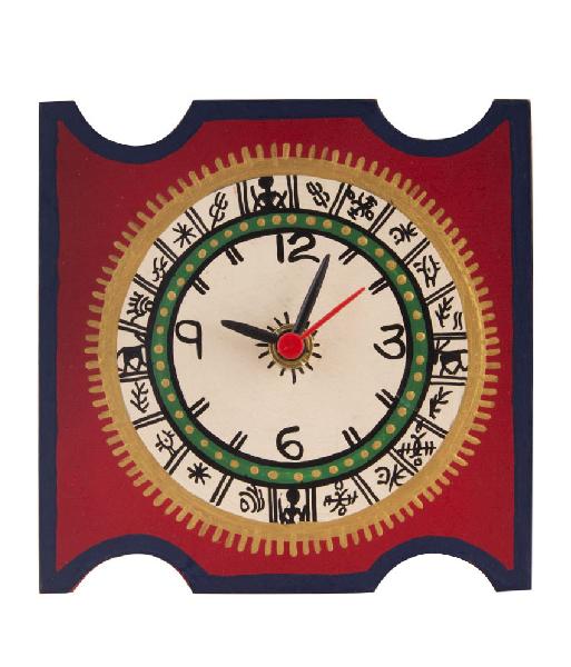 Square Warli Painted Red Table Clock ( 5 Inch )