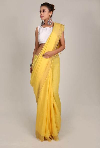 Handwoven Linen JARI border Saree