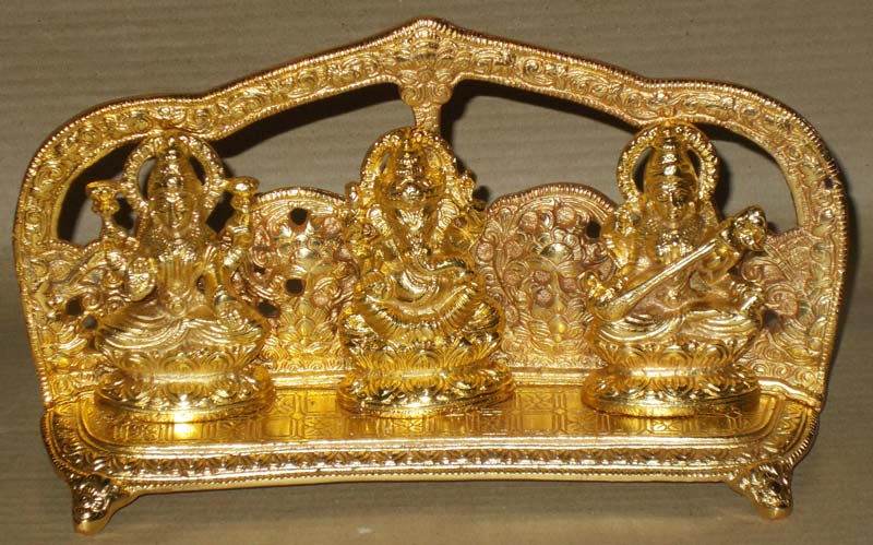 Gold Plated Aluminum Ganesh Laxmi Saraswati