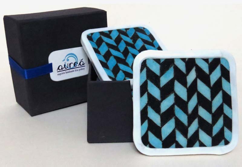 Blue Pottery Coaster Set, Size : 4 x 4 INCHES