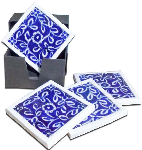 Blue Pottery Coaster Set, Size : 4 x 4 INCHES