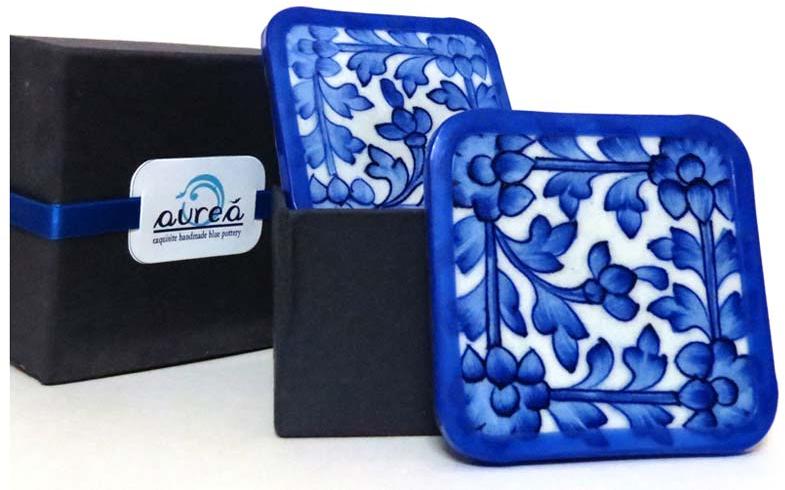 Blue Pottery Coaster Set, Size : 4 x 4 INCHES