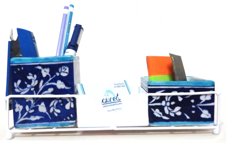 Blue Pottery Desk Organizer