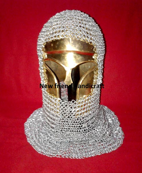 Chain Mail Coif with Brass Helmet