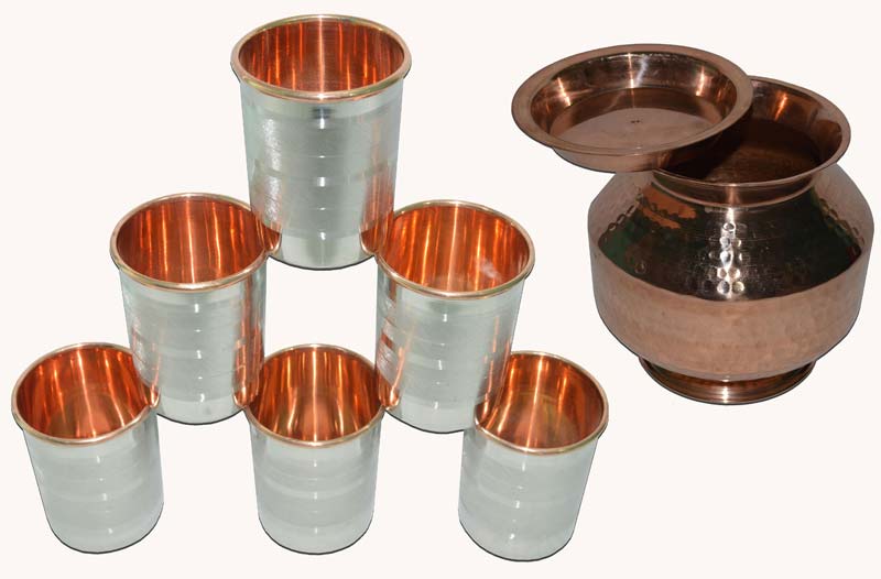 Raghav India 100% Genuine Copper Matka with Copper Cover + 6 Copper St