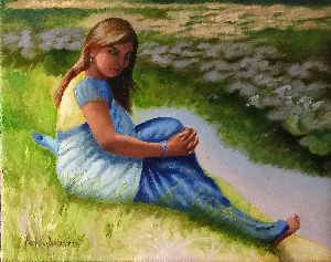 Woman near pond, oil painting for sale