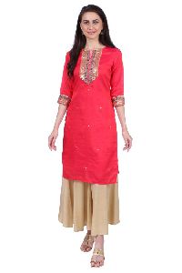 Shwetambara Silk Sraight Embroidered Dark Pink Kurti