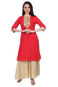 Shwetambara Silk Sraight Embroidered Red Kurti