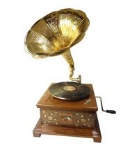Square Antique Style Carved Gramophone with Brass Horn 