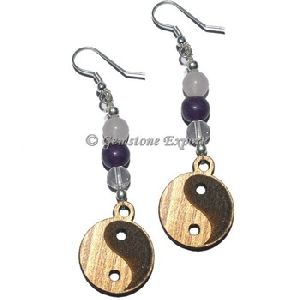 Gemstone Ying Yang Wooden With Stone Earrings